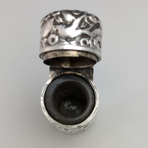 1896 British Antique Sterling Silver Relief Bird Sculpture Portable Perfume Bottle Sampson Mordan